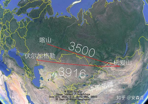 蒙古国杭爱山到俄罗斯喀山,伏尔加格勒的距离.