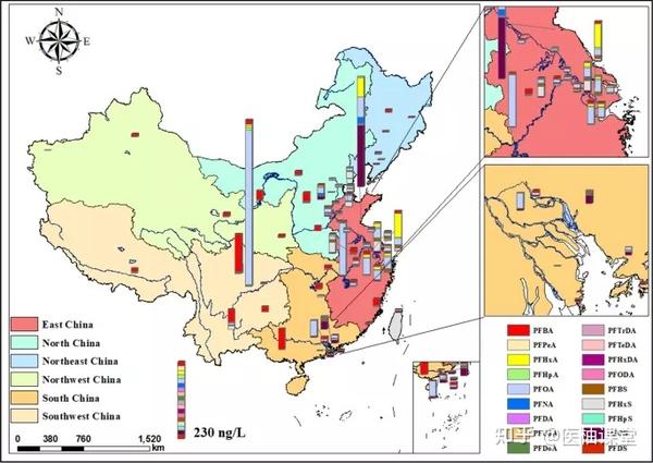 上图为他们绘制的抽样调查地图,右边各色图标代表各种全氟和多氟烷基