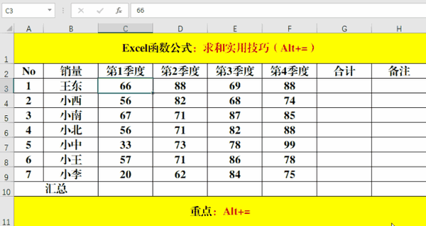 二,alt =快捷键快速求和.