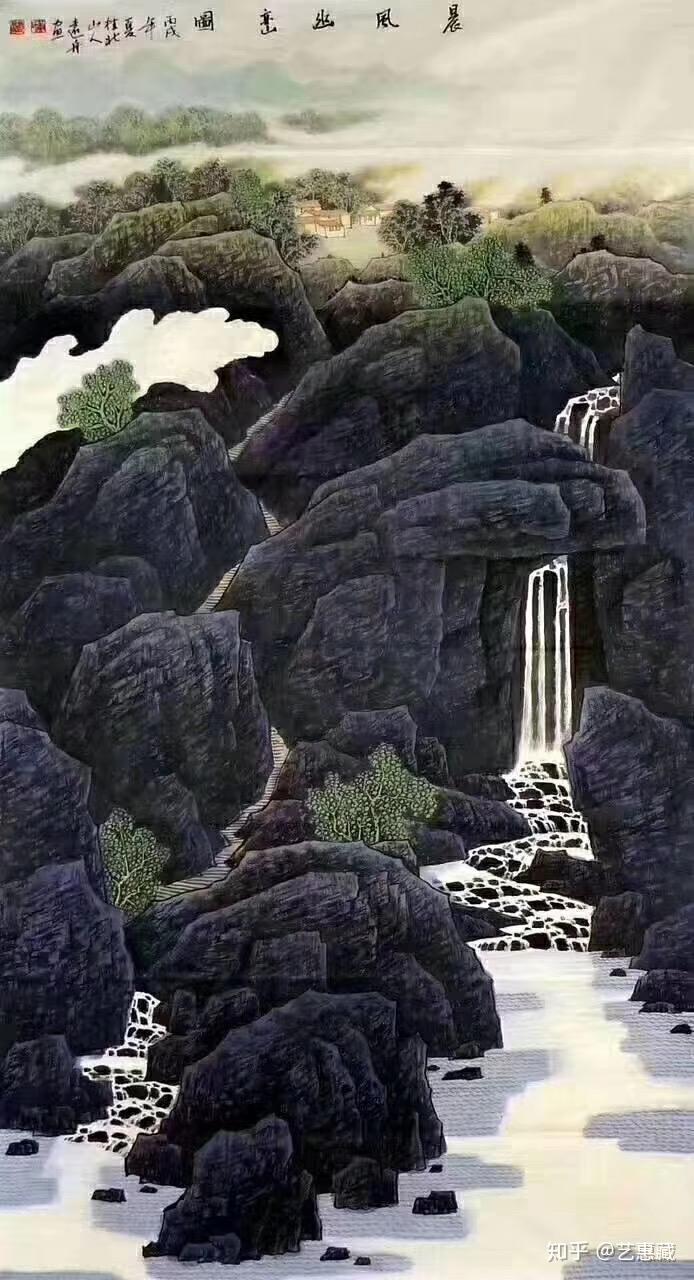 黄桂庭的山水画以自然山川为绘画对象,表现天地人的和谐统一.