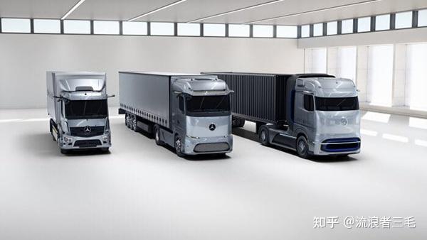 daimler/从左往右新能源卡车分别是eactros, eactros longhaul和genh2