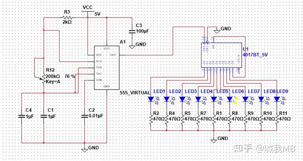 用555定时器加cd4017实现流水灯multisim仿真