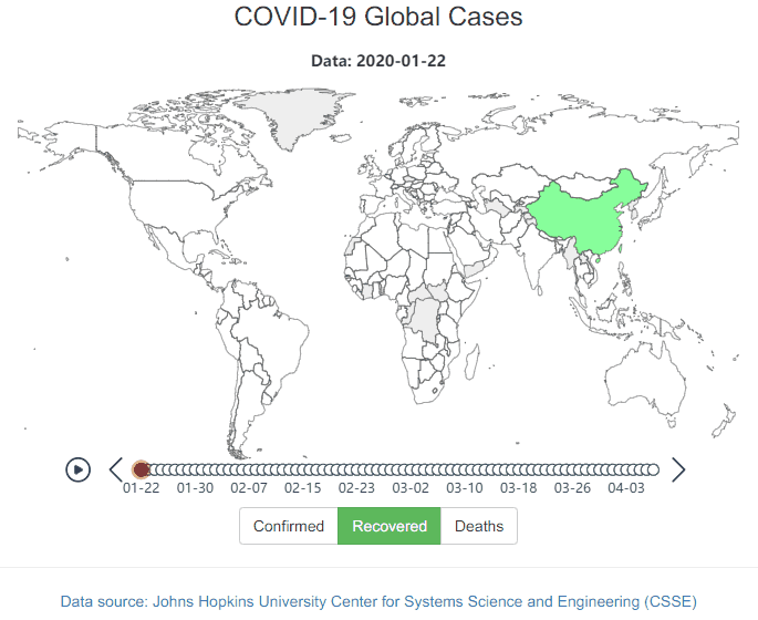 4月8日的世界各国疫情数据来绘制的全球确诊,治愈,死亡人数动态分布图