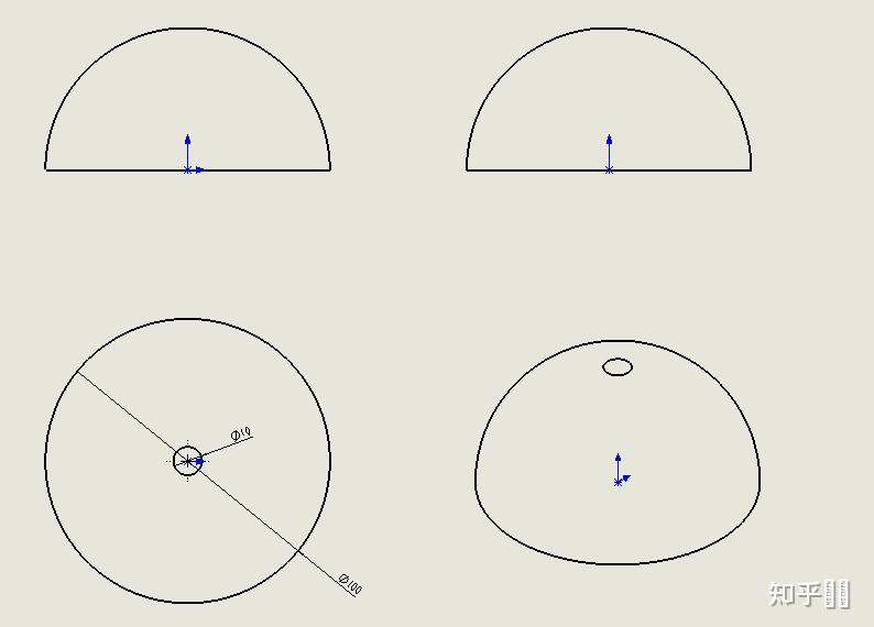 求三视图 半圆形 半径50mm 中间垂直打眼 眼孔直径10mm 怎么画三视图?
