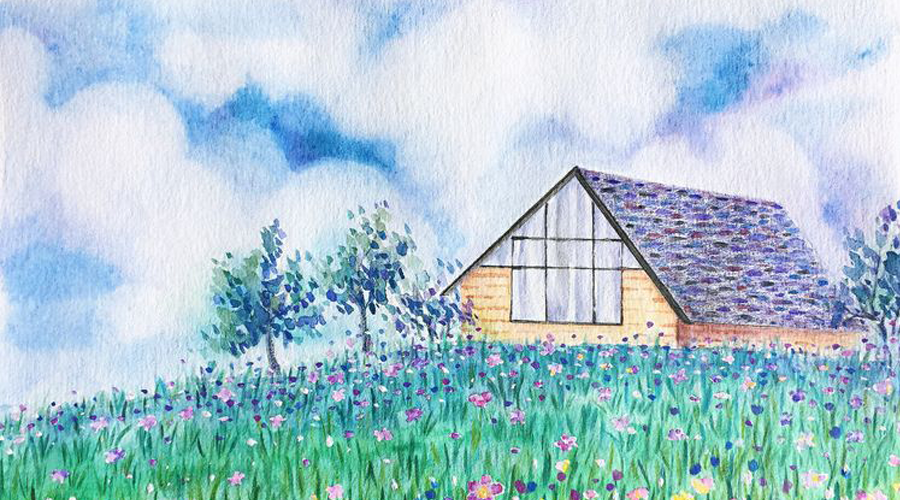 如何用彩铅快速画风景,花田小屋