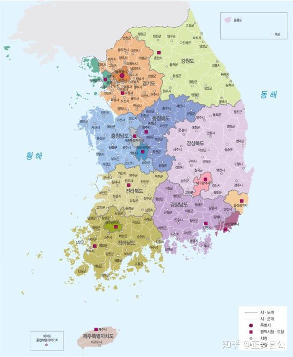 韩文版设色韩国现行行政区划图