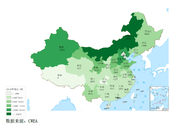 截至2018年底中国各省(区,市)累计风电装机容量