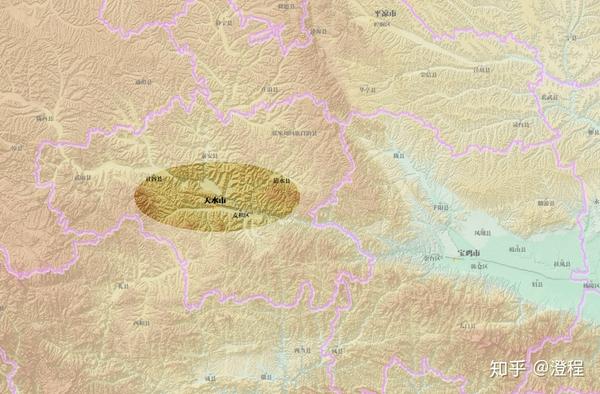 天水—宝鸡附近地势图,可见最初的陇右是一小块地堑盆地