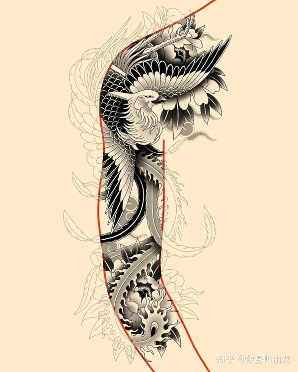 老传统花臂凤凰纹身手稿