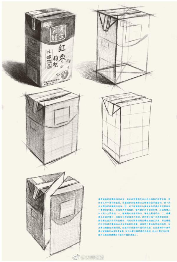 盒装牛奶素描画法步骤图,能够帮助你更快的掌握较为复杂的素描物体