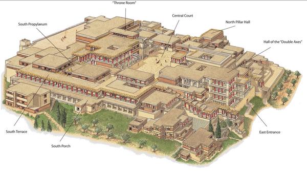 克诺索斯遗址平面复原图,整个宫殿群围绕着中央庭院建造,外围有仓储区