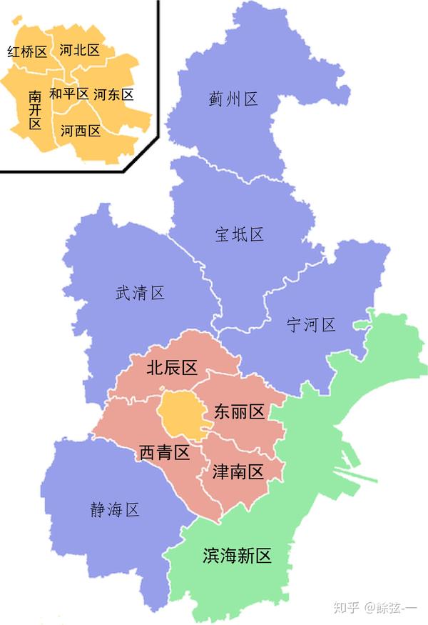 天津市行政区划图,黑体为母县设区,仿宋为非母县设区(图源:底图来自