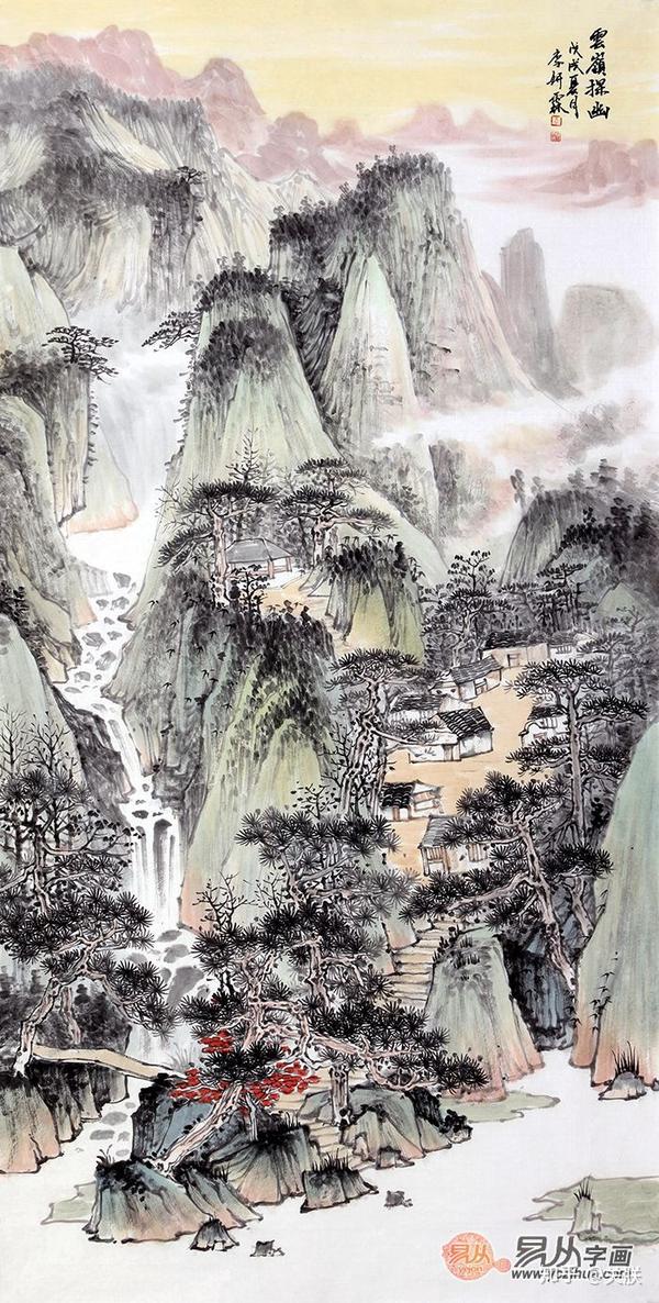 李佩锦最新力作四尺竖幅青绿山水画《云岭探幽》(易从字画)