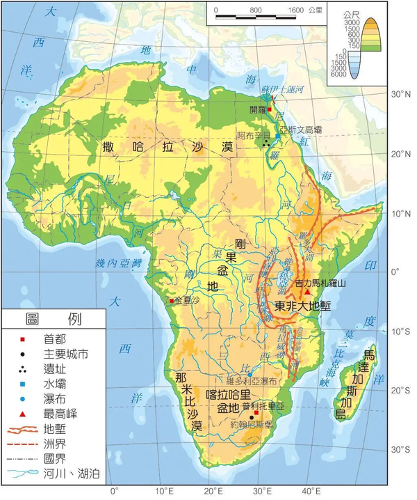 2,主要地形区: (1)东非大裂谷 :  范围:南起赞比西河口,北经红海
