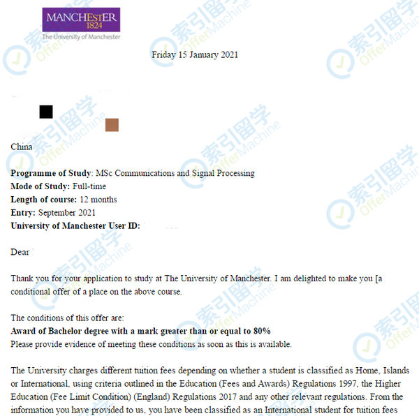 恭喜!成功获得曼彻斯特大学offer