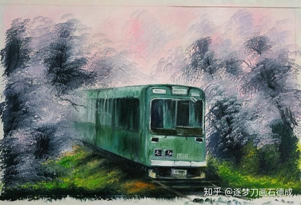 第五步:  白:提亮火车车厢部分地方以及铁轨,写字 小笔 少许黑,勾树枝