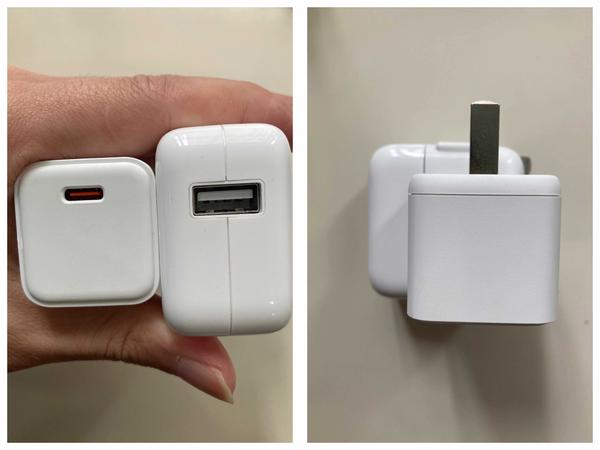 和苹果祖传的 5w 充电器比起来,亿色的充电器体积要大一丢丢额.