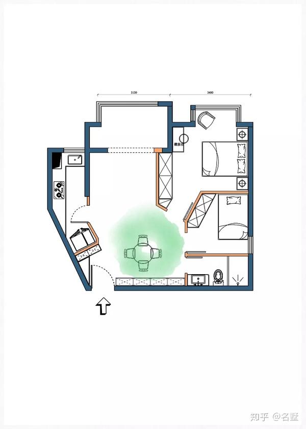 在这一步骤的居住改造家改造中,主卧的门口采用了斜线处理,这样的