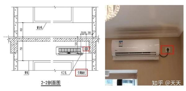 空调孔和插座分别在阴角左右两侧立面