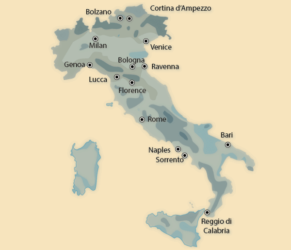 意大利天气和降雨地图 以下为降水地图,降水图上的深色表示该区域的年