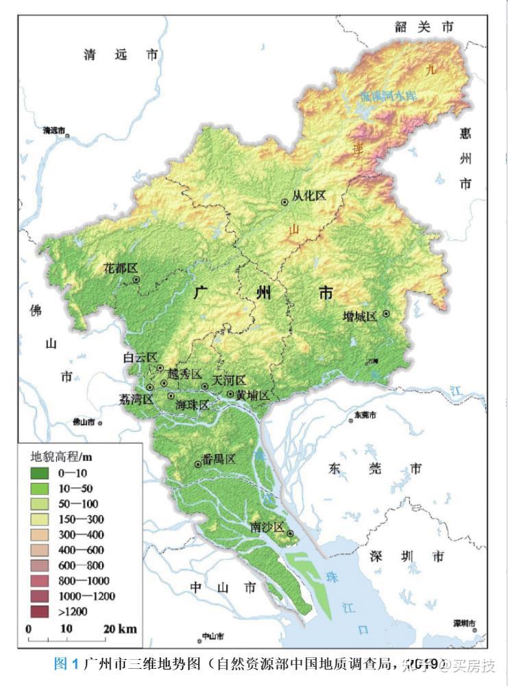 再辅助分析广州地势图,如下(补充:重点项目投入数据来自于广州各区