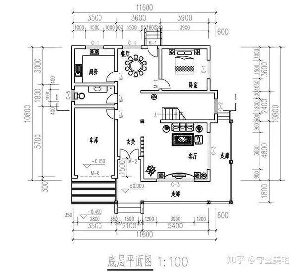 一层平面图,设计有堂屋兼客厅,餐厅,厨房,老人房和卫生间,另外还设有