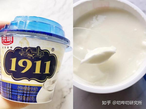 光明1911酸奶(风味酸牛奶): 黏稠度 甜味: 固体酸奶,中规中矩的老