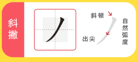 斜撇 起笔斜顿,然后自然向左下行笔,行笔过程自然且有弧度,最后笔画