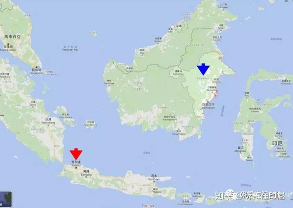 红色是现首都雅加达,蓝色是预计新首都所在地