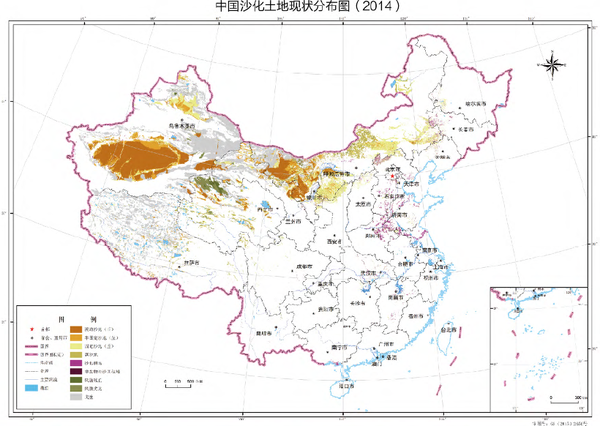 地图中, 中国八大沙漠: 塔克拉玛干沙漠, 古尔班通古特沙漠, 巴丹吉林