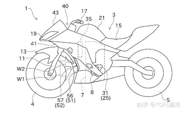 专利图展示了一款跑车类别的摩托车,类似于川崎的中量级ninja车型