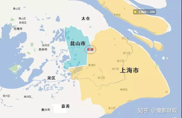 从整个版图看,花桥像是一个楔子一样, 直接插入了上海的腹地.