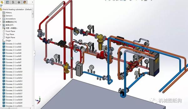 【工程机械】供热变电所管道系统模型3d图纸 solidworks设计