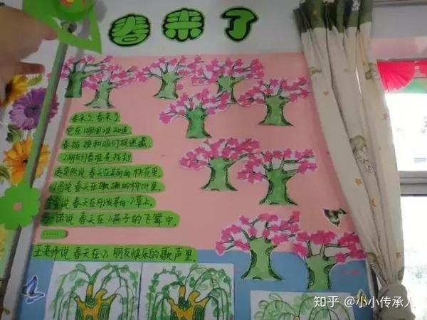 在主题墙面上添加上关于春天的文字,让孩子了解春天原来是绿色的