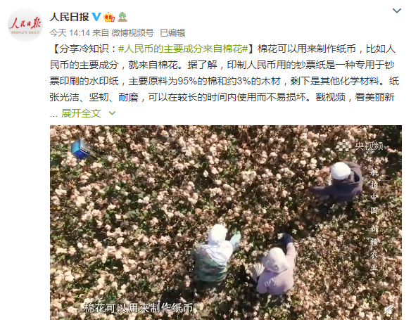 可能大家都不知道这个冷知识,人民币成分是由95%的新疆石河子棉短绒
