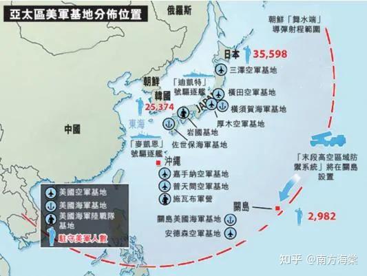 主要的基地有:普天间空间基地,嘉手纳空军基地,佐世保海军基地,岩国