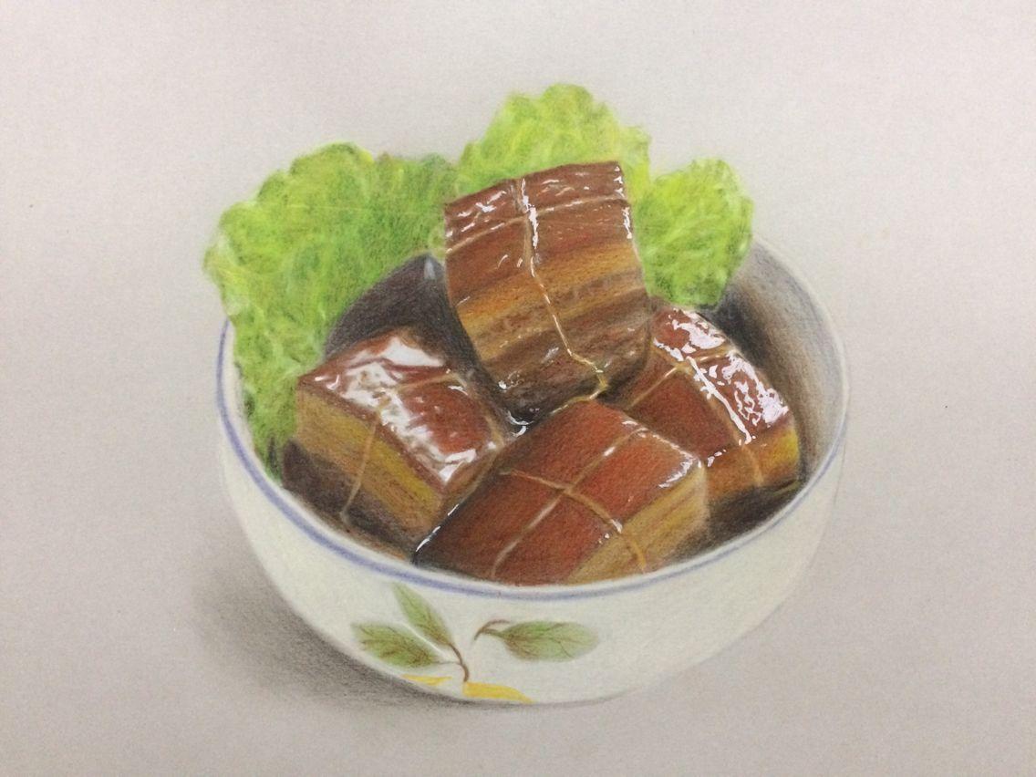 3d绘画彩铅美食红烧肉手绘插画