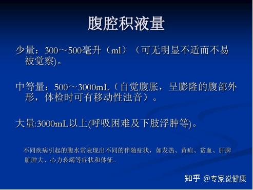 而根据b超检查估计腹水量,少于500ml为轻度腹水;500～2000ml为中度