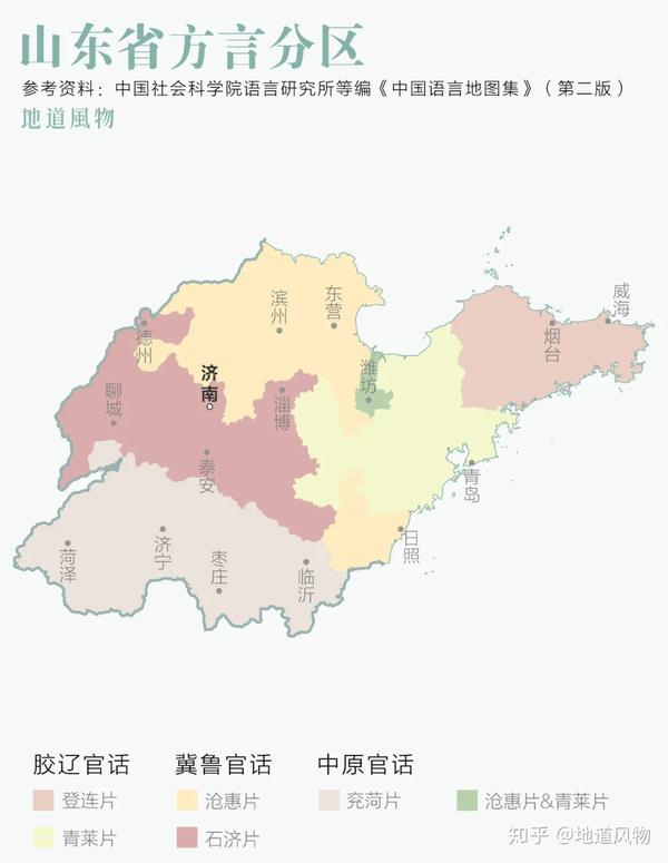 地貌分成 鲁西北平原,鲁中南山地丘陵,胶东半岛平原丘陵;方言文化分成