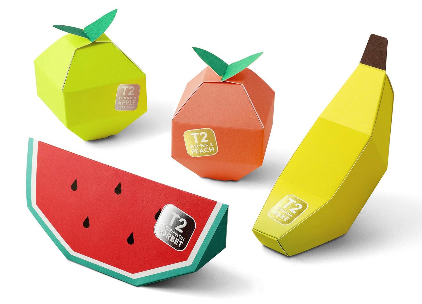 t2迷你水果茶的包装设计创意主要采用的是仿生设计概念,分别通过水果