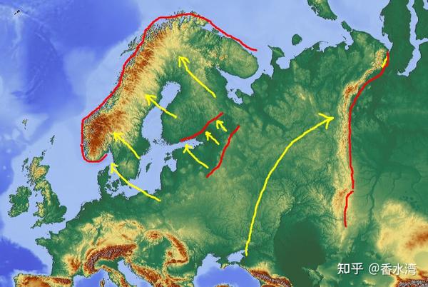 下图是斯堪的纳维亚半岛的半粘连撕脱和乌拉尔山脉皱褶形成过程示意图