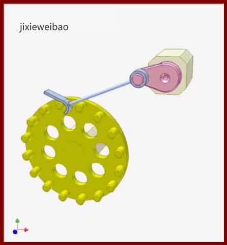 绿色棘爪推动粉色齿轮,且不是一直与其接触(不同于普通棘轮机构).