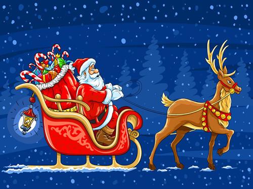 传说中,圣诞老人总是快活的在圣诞前夜乘着驯鹿拉的雪橇到来,从烟囱