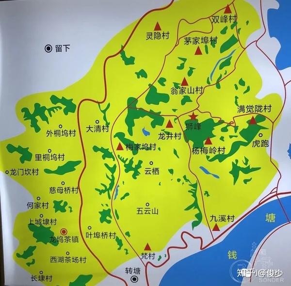 西湖龙井产区放大以后是下面这张地图,在上面