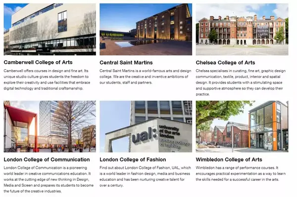 伦敦艺术大学现设有六所学院,每所学院都有其独特的学术实力和风格
