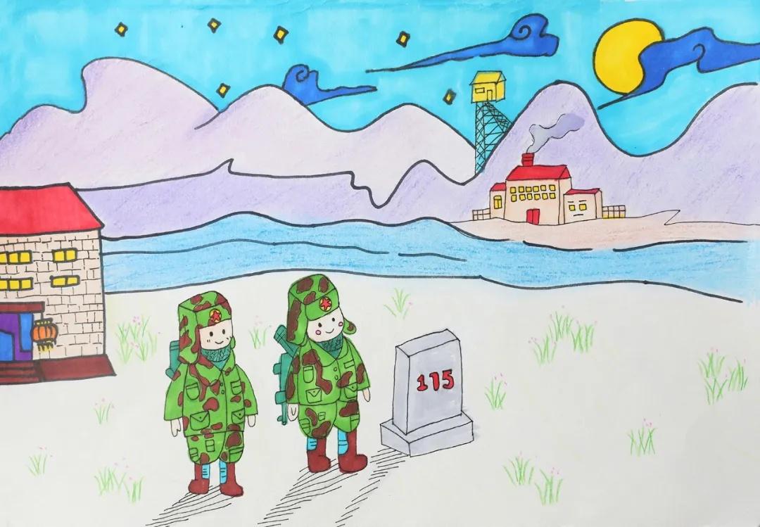 一幅幅五彩的画作,饱含着同学们对祖国的深深热爱,对边防军人的崇高