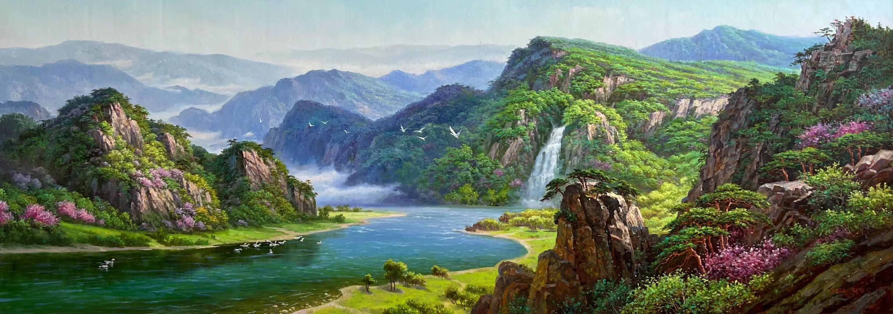 朝鲜画家创作基地 的想法: 朝鲜油画《山河盛景图》
