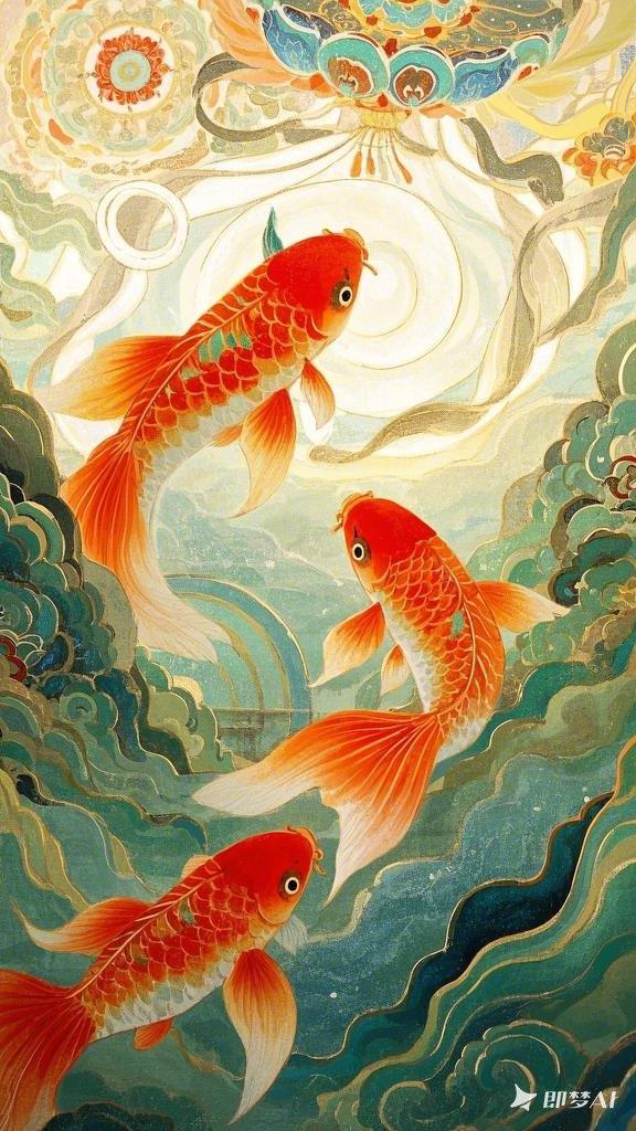 榕恩ai漫画 的想法: 传统锦鲤彩绘风格ai绘画手机壁纸分享