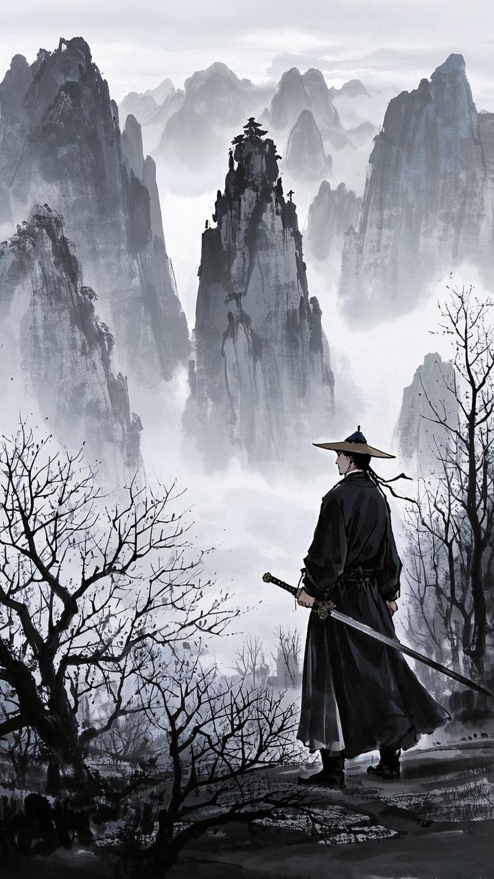 狂风呼啸,吹得衣袂烈烈作响,他目光深邃而坚毅,望