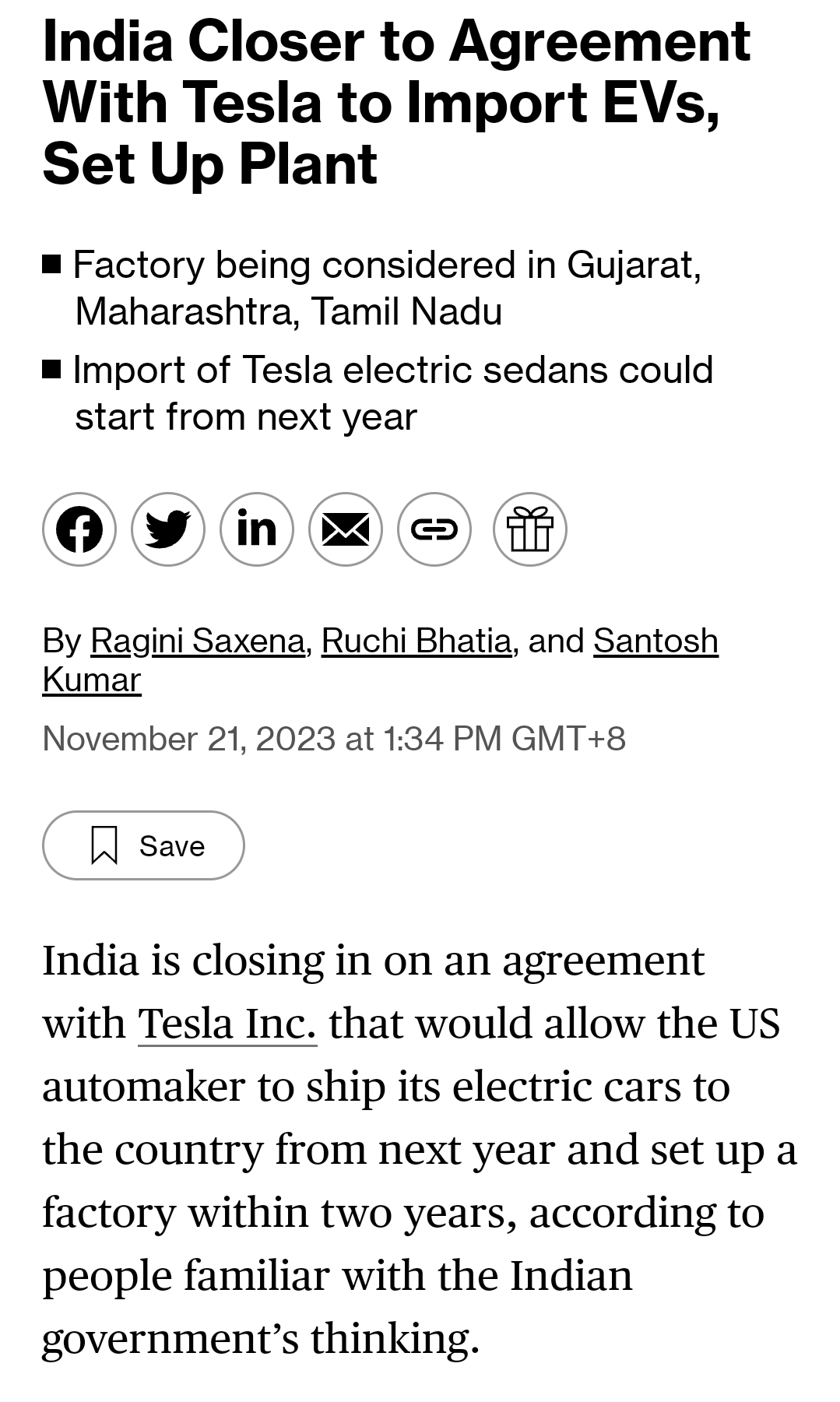 徐风 的想法: 印度即将与特斯拉达成一项协议,该协议将允许特斯拉从